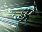 abstract_background action_pose black_claws blue_body blue_skin claws frown glowing glowing_eyes green_eyes long_claws male markings motion_blur motion_blur_trail muscular muscular_male outline pose running skinny solo sparks striped_markings striped_tail stripes tail tail_markings zoom_lines lantoy ben_10 cartoon_network xlr8 alien kineceleran 2009 absurd_res digital_drawing_(artwork) digital_media_(artwork) hi_res high_contrast