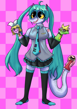 anthro black_clothing black_eyes black_footwear black_socks bottomwear breasts clothed clothed_anthro clothed_female clothing cosplay eyelashes female footwear freckled_face freckled_legs freckled_shoulders freckled_tail freckled_thighs freckles front_view grey_body grey_clothing grey_shirt grey_topwear hair legwear long_eyelashes long_hair medium_breasts necktie open_mouth open_smile pattern_background plantigrade puppet shirt simple_background skirt smile socks solo standing tail thigh_highs thigh_socks topwear yellow_sclera h0llowgraphic cavemanon_studios snoot_game vocaloid fan_character hatsune_miku judee dinosaur prehistoric_species reptile saurischian scalie theropod troodon troodontid absurd_res colored full-length_portrait hi_res portrait shaded