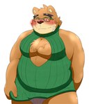 anthro belly blush brown_body brown_fur clothed clothing crossdressing embarrassed eyewear fur glasses keyhole_clothing male overweight overweight_male pecs solo underwear upskirt aosano_tenpura lifewonders tokyo_afterschool_summoners volos_(tas) bear mammal