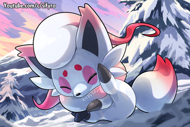 ambiguous_gender eyes_closed feral fur morning mountain outside plant red_body red_fur scratching snow solo sunset tree white_body white_fur blitzdrachin conditional_dnp nintendo pokemon pokemon_legends_arceus generation_8_pokemon hisuian_form hisuian_zorua pokemon_(species) regional_form_(pokemon)