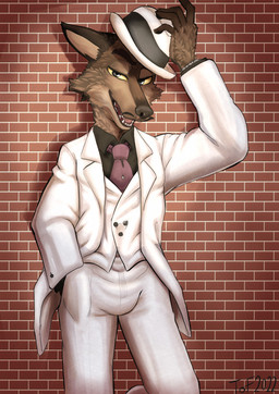 accessory anthro bottomwear brick brick_wall brown_body clothed clothing fake_mustache fur hat headgear headwear looking_at_viewer male narrowed_eyes necktie pants smile solo standing suit tail teeth topwear wall_(structure) theoraclefolf dreamworks the_bad_guys mr._wolf_(the_bad_guys) canid canine canis fox mammal wolf digital_media_(artwork) hi_res