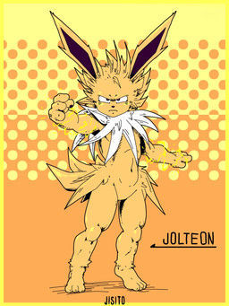 3_fingers anthro athletic biceps black_body black_eyes black_fur black_nose black_pawpads chest_tuft electricity fingers frown fur head_tuft hip_tuft long_ears looking_at_viewer male muscular muscular_male navel neck_tuft orange_background pawpads pose serious simple_background solo text tuft white_body white_fur yellow_background yellow_body yellow_fur jisito nintendo pokemon eeveelution generation_1_pokemon jolteon pokemon_(species) 3:4 absurd_res artist_name colored hi_res shaded