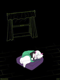 4_toes anthro barefoot bodily_fluids claws clothing crying cushion eyewear feet fur glasses horn lonely lying male on_side paws plantigrade plushie scarf solo tears toe_claws toes white_body white_fur window window_curtains achromasloth deltarune undertale_(series) ralsei bovid caprine darkner mammal monster 2025 3:4 absurd_res aliasing binary_drawing colored digital_drawing_(artwork) digital_media_(artwork) flat_colors hi_res signature