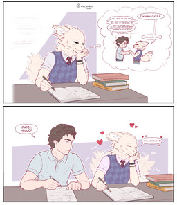 accessory black_sclera blue_eyes book brown_hair chibi clothed clothing collared_shirt college_student dark_sclera desk dialogue duo fountain_pen fully_clothed fur furniture greeting hair hand_holding heart_symbol machine male male/male necktie onomatopoeia pencil_(object) romantic romantic_couple shirt simple_background sitting sound_effects table tail tail_motion tailwag text thinking_about_another thought_bubble topwear vest visorless white_body white_eyes white_fur warjenkins thao_(warjenkins) human humanoid mammal protogen 2026 absurd_res colored comic english_text hi_res signature