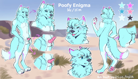 animal_genitalia animal_penis anthro beach black_nose blue_body blue_eyes blue_fur canine_genitalia canine_penis digitigrade fur genitals knot knotted_penis male penis pink_body pink_fur solo antama poofy_enigma canid canine mammal 7:4 absurd_res hi_res model_sheet