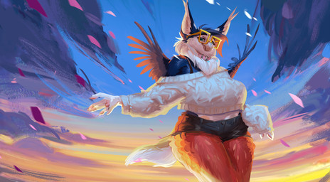 5_fingers anthro back_wings beak bottomwear breasts clothing collar cropped_sweater eyewear feathered_wings feathers female fingers fur glasses green_eyes hotpants midriff multicolored_body multicolored_fur pink_collar shorts sky skyscape solo standing sunset thick_thighs voluptuous_female wings yellow_eyewear yellow_glasses knyaz_kolosok mythology inno-sjoa_(character) avian gryphon humanoid mythological_avian mythological_creature teacup_gryphon 2024 digital_media_(artwork) digital_painting_(artwork) hi_res painting_(artwork)