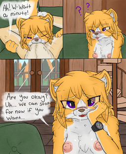 anthro areola blush breasts chest_tuft clock cunnilingus detailed_background dialogue duo female female/female fur furniture genitals inside medium_breasts nipples on_sofa oral purple_eyes question_mark sex smile smiling_at_viewer sofa text tongue tongue_out tuft vaginal watch wristwatch yellow_body yellow_fur lerasmel cleo_(lerasmel) kreed_(lerasmel) canid canine canis domestic_cat domestic_dog felid feline felis mammal comic digital_drawing_(artwork) digital_media_(artwork) english_text hi_res incest_(lore) sibling_(lore) sister_(lore) sisters_(lore)