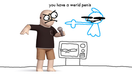 angry bald barefoot bottomwear clothing duo electronics feet female gesture hand_gesture humor insult machine male microphone not_furry pointing pointing_at_another shirt shorts text topwear superiorfox brain_dump burnbot goofball_the_goofy_cartoon_ghost_(character) max_gilardi_(character) animate_inanimate dire_machine ghost human humanoid living_machine mammal spirit comic_sans english_text