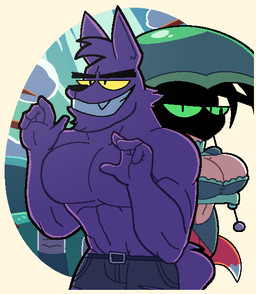 5_fingers anthro arm_under_breasts arms_bent armwear belt belt_buckle big_breasts big_eyes big_mouth_(anatomy) biped black_belt black_eyebrows black_eyes black_nose blue_sky bottomwear bra breasts buckle cheek_tuft chin_tuft clothed clothed_anthro clothed_female clothing cloud countershade_fur countershade_neck countershade_torso countershading denim denim_bottomwear denim_clothing detailed_background dipstick_tail duo elbow_gloves eyebrows facial_tuft fangs female fingers frilly frilly_bra frilly_clothing frilly_underwear fur fur_tuft glistening glistening_umbrella gloves green_armwear green_bottomwear green_bra green_clothing green_elbow_gloves green_gloves green_handwear green_sclera green_skirt green_underwear grey_bottomwear grey_clothing grey_jeans grey_pants grin handwear head_tuft holding_object holding_umbrella huge_breasts humanoid_hands jeans legs_together light_body light_fur long_eyebrows looking_at_viewer looking_forward male markings mature_anthro mature_male monotone_body monotone_breasts monotone_fur multicolored_body multicolored_fur multicolored_tail muscular muscular_anthro muscular_arms muscular_male navel obscured_face orange_body orange_fur orange_tail pants pointy_ears prick_ears purple_body purple_ears purple_fur purple_inner_ear purple_tail shadow skimpy skimpy_underwear skirt sky smile snout standing tail tail_markings teeth thick_eyebrows thick_neck thick_thighs three-quarter_view topless topless_anthro topless_male tuft two_tone_body two_tone_fur two_tone_tail umbrella underwear white_body white_breasts white_clouds white_countershading white_fur white_tail white_tail_tip yellow_sclera toasttank adult_swim cartoon_network mythology ok_k.o.!_let's_be_heroes unicorn:_warriors_eternal bernard_(ok_k.o.!_lbh) june_way canid canine fox mammal mythological_canine mythological_creature werecanid werecanine werecreature werewolf 2025 crossover digital_drawing_(artwork) digital_media_(artwork) english_description