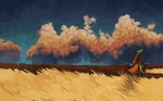 5_fingers clothing cloud cloudy_sky detailed_background dress ears_up field field_background fingers green_body green_scales looking_pleasured red_clothing red_dress scales sky tail hilyasp kobold scalie absurd_res hi_res