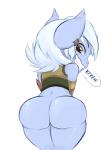 bottomless butt clothed clothing female hair looking_at_viewer looking_back not_furry short_stack simple_background smile solo teeth text white_background bandlebro league_of_legends riot_games tencent tristana_(lol) humanoid yordle