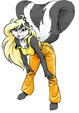 anthro barefoot black_body black_fur black_nose blonde_hair blue_eyes breasts cleavage clothed clothed_female clothing feet female fluffy fluffy_tail fur hair off_shoulder simple_background solo tail white_background megan_giles mammal mephitid skunk