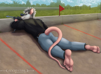 5_toes aiming_gun aiming_rifle aiming_weapon anthro army back_muscles barefoot biceps black_clothing black_shirt black_topwear blue_bottomwear blue_clothing blue_jeans blue_pants bottomwear brown_bottomwear brown_clothing brown_pants butt butt_focus claws clothing concrete denim denim_bottomwear denim_clothing feet foot_fetish foot_focus fur grey_body grey_fur gun holding_gun holding_object holding_ranged_weapon holding_rifle holding_weapon humanoid_feet jeans lying lying_on_ground male manly military military_base muscular muscular_anthro muscular_male on_front on_ground pants plantigrade ranged_weapon rifle shirt shooting_range sniper sniper_rifle soldier solo tail toe_claws toes topwear warrior weapon beichtstuhl dimitri_khandov american_opossum mammal marsupial virginia_opossum hi_res
