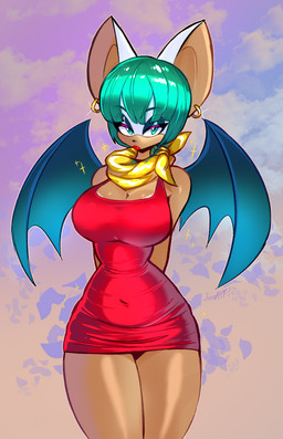 anthro big_breasts breasts cleavage clothed clothing cosplay crossover_cosplay dress ear_piercing ear_ring eyebrows eyelashes female glistening green_eyes green_hair hair kerchief membrane_(anatomy) membranous_wings neckerchief neckwear piercing red_clothing red_dress ring_piercing solo tan_body wide_hips wings jamoart dragon_ball sega sonic_the_hedgehog_(series) bulma rouge_the_bat bat mammal 2026 absurd_res crossover hi_res