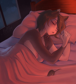 bed bedding black_body black_ears black_hair blanket breasts cozy female fur furniture hair nails night pillow sleeping solo white_body foxpitoo delicious_in_dungeon izutsumi_(delicious_in_dungeon) animal_humanoid cat_humanoid felid felid_humanoid feline feline_humanoid humanoid mammal mammal_humanoid