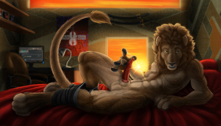 abs animal_genitalia animal_penis anthro athletic balls bed big_balls big_penis biped bodily_fluids body_hair clothed clothing computer cum electronics erection feline_genitalia feline_penis fur furniture genital_fluids genitals happy_trail light lying male mane muscular muscular_anthro navel nipples partially_clothed pecs penile_spines penis pillow precum presenting presenting_penis realistic seductive sheath solo sunset underwear underwear_down raithwal felid lion mammal pantherine 2016 hi_res lighting