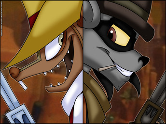 anthro brown_body brown_eyes brown_skin buckteeth close-up clothing cowboy cowboy_hat duo fur grey_body grey_eyes grey_fur grin gun hat headgear headwear holding_gun holding_object holding_ranged_weapon holding_weapon kerchief long_ears looking_back male mask open_mouth open_smile ranged_weapon scales sheriff shirt side_view smile tan_body tan_scales teeth topwear vest weapon western yellow_sclera verona7881 sly_cooper_(series) sony_corporation sony_interactive_entertainment sucker_punch_productions tennessee_kid_cooper toothpick_(sly_cooper) armadillo mammal procyonid raccoon xenarthran 2013
