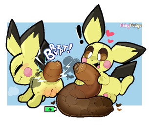 animal_genitalia anus balls blush blush_stickers breath brown_eyes duo electricity excessive_feces exclamation_point eyes_closed feces female female_pooping genitals heart_symbol holding_feces hyper hyper_feces lightning_bolt male male/female penis pink_penis pooping scatplay sheath simple_background sound_effects straining stretched_anus tail text touching_feces vowelless vowelless_sound_effect vulva fairyfudge nintendo pokemon generation_2_pokemon pichu pokemon_(species) artist_name digital_media_(artwork)