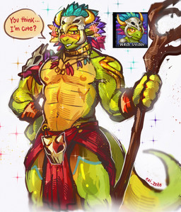 anthro bone bone_mask bottomwear clothing green_body green_scales holding_object loincloth looking_at_viewer male mask muscular muscular_anthro muscular_male scales simple_background skull skull_mask smile solo staff standing tail tan_body tan_scales text ezi_zeke terraria shimmered_witch_doctor witch_doctor_(terraria) lihzahrd lizard reptile scalie english_text hi_res