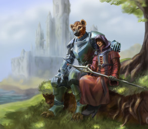 anthro armor castle cloud cloudy_sky duo female grass knight male male/female paladin plant priest sky tree warrior esmond_(artist) hyena mammal absurd_res hi_res