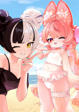 accessory anthro beach big_ears black_hair blush blush_lines bottomwear bow_ribbon breasts buckteeth clothing cloud colored_nails duo eyelashes female female_anthro female_human flat_chested frilly frilly_bottomwear frilly_clothing frilly_skirt fur gesture hair hair_accessory hair_bun hairclip hand_gesture inner_ear_fluff larger_human long_hair medium_breasts midriff multicolored_hair nails navel one_eye_closed open_mouth open_smile outside pink_hair red_eyes sand sea selfie sharp_nails short_tail size_difference skirt smaller_anthro smile swimwear tail teeth thigh_strap tied_hair tuft two-piece_swimsuit two_tone_hair upper_teeth v_sign water white_body white_clothing white_fur white_hair wink young young_anthro young_female uixyre mihoyo zenless_zone_zero dialyn_(zenless_zone_zero) zhao_(zenless_zone_zero) human lagomorph leporid mammal rabbit thiren 2026 digital_drawing_(artwork) digital_media_(artwork) hi_res adult_(lore)