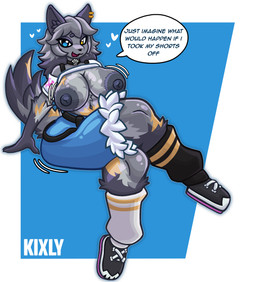 anthro big_breasts bottomwear breasts clothing collar ear_piercing female fluffy fluffy_tail footwear hair heterochromia long_hair looking_at_viewer piercing pose shirt shoes shorts simple_background socks solo t-shirt tail talking_to_viewer thick_thighs topwear kixly epic_games fortnite wolfie_(fortnite) canid canine canis mammal wolf 2025 absurd_res digital_drawing_(artwork) digital_media_(artwork) hi_res