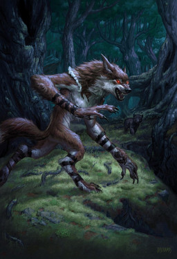 anthro brown_body brown_fur claws detailed_background digitigrade female forest fur glowing glowing_eyes implied_transformation long_arms looking_at_viewer open_mouth pawpads plant red_eyes solo tail tree eric_deschamps hasbro magic:_the_gathering mythology wizards_of_the_coast canid canine mammal mythological_canine mythological_creature werecanid werecanine werecreature werewolf official_art