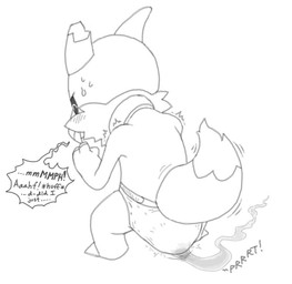 anthro bodily_noises clothed clothing crouching diaper feces fur male pooping rear_view simple_background soiled_diaper soiling soiling_diaper solo stink_fumes tail text unclean_diaper used_diaper using_diaper wearing_diaper anonymous_artist disney the_owl_house king_clawthorne digital_media_(artwork) english_text monochrome