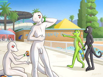 4_fingers albino ambiguous_gender amusement_park anthro back_spines balls biped black_eyes blue_eyes blue_sky blue_stripes building canopy casual_nudity chair countershade_genitalia countershade_penis countershade_torso countershading curled_tail day detailed_background eyebrows feet female fence fingers flaccid furniture genitals gesture green_body grey_body group group_nudity hand_gesture hand_holding humanoid_genitalia humanoid_penis inflatable inner_tube looking_at_another lounge_chair lying male markings mountain neck_spines no_irises nude nudist open_mouth orange_spines outdoor_nudity outside palm_tree penis plant pointing pool_toy public public_nudity red_sclera shrub silhouette sky slide social_nudity spines standing striped_markings striped_tail stripes sunscreen swimming_pool tail tail_markings tail_spines tent text toes tree tube walking water_park water_slide wave_pool white_body white_sclera wristband young young_anthro young_female young_male samareck iggy_thomson lori_chavez blue_tree_monitor iguana iguanid lizard monitor_lizard reptile scalie 2025 4:3 absurd_res dated digital_media_(artwork) english_text hi_res signature