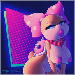 accessory anthro anthrofied bedroom_eyes big_breasts bow_(feature) bow_accessory bow_ribbon breasts centered_hair_bow dotted_background female gem genitals geometric_background hair_accessory hair_bow hair_ribbon jewelry lips lipstick makeup narrowed_eyes necklace nipples non-mammal_breasts non-mammal_nipples nude pattern_background pearl_(gem) pearl_necklace ribbons seductive shortstack simple_background solo thick_lips thick_thighs vulva wide_hips sirredbenjamin mario_bros nintendo koopaling wendy_o._koopa dragon_koopa koopa scalie hi_res