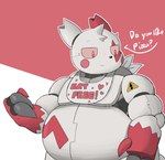 anthro belly bib big_belly biped claws machine male nude simple_background smile solo jimmiezangoo nintendo pokemon animatronic generation_3_pokemon pokemon_(species) robot zangoose 2022 digital_media_(artwork) hi_res