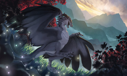 ambiguous_gender black_horn fangs featureless_crotch feral glistening glistening_eyes grass grey_body grey_wings horn mountain open_mouth outside plant rock semi-anthro sharp_teeth solo sunset tail teeth wings khyaber mythology dragon mythological_creature mythological_scalie scalie 2022 dated full-length_portrait portrait signature