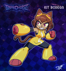 aiming arm_cannon clothed clother clothing dress eyewear female goggles hair leggings legwear pose ranged_weapon short_hair solo tail weapon weapon_arm whiskers sp3xter gameoverse glitch_productions kit_bodega domestic_cat felid feline felis mammal absurd_res hi_res