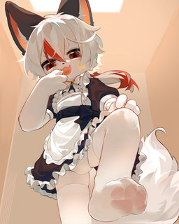 anthro bangs black_body black_bow black_clothing black_ears black_fur black_nose bottomwear bow_ribbon bulge circle_eyebrows clothed clothing clothing_lift crossdressing crossdressing_male cute_fangs dress eyebrow_through_hair eyebrows fangs feet foot_fetish foot_focus frilly frilly_clothing frilly_dress fur fur_markings hair hand_to_face highlights_(coloring) inner_ear_fluff kemono laugh legs_up legwear light_fixture looking_at_viewer looking_down maid_uniform male markings open_mouth orange_background pawpads paws pink_inner_ear pink_pawpads ponytail raised_bottomwear raised_clothing raised_skirt red_eyes red_hair red_highlights ribbons shadow simple_background skirt skirt_lift sock_fetish solo star stockings tail teasing teasing_viewer teasing_with_feet teeth tongue translucent translucent_clothing translucent_hair translucent_legwear translucent_stockings tuft uniform white_body white_bow white_clothing white_fur white_hair white_inner_ear_fluff white_legwear white_paws white_stockings white_tail young young_anthro young_male windbiom canid canine canis fox mammal hi_res
