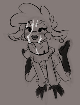 adolescent anthro biped blush bodily_fluids boots clothing collarbone cum cum_on_chest cum_on_face ear_piercing ear_tag female female_anthro footwear fur genital_fluids happy high-angle_view kneeling looking_up mostly_nude mostly_nude_anthro mostly_nude_female open_mouth open_smile piercing shoes smile solo teeth tongue wool_(fur) young young_anthro young_female soulcentinel droopy_(series) metro-goldwyn-mayer sheep_wrecked leggy_lamb bovid caprine domestic_sheep mammal sheep 2025 greyscale monochrome sketch story story_in_description