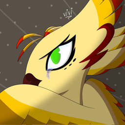 anthro beak bodily_fluids crying feathers female green_eyes simple_background solo tears wings yellow_body vivzlover ivy_(vivzlover) avian bird 1:1 hi_res