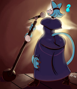 anthro blue_body blue_clothing blue_dress butt cable_tail clothing dress electrical_cord electrical_plug electrical_plug_tail electronics eyes_closed fake_tail female holding_object machine microphone microphone_stand open_mouth singing solo tail generalgodzilla deltarune undertale_(series) tasque_manager darkner felid feline mammal robot 2022 absurd_res hi_res