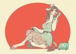 anthro bottomwear bow_ribbon braided_hair breasts cleavage clothed clothing clothing_lift cloven_hooves crossed_legs dress electronics female green_eyes hair holding_bottomwear holding_clothing holding_object holding_phone holding_skirt hooves horn looking_away looking_up markings on_phone open_mouth ossicone phone phone_call rotary_phone shirt shirt_lift simple_background sitting skirt solo spots spotted_markings sundress tail tail_tuft topwear tuft varollis gracey_halvenka giraffe giraffid mammal 2023 absurd_res hi_res restricted_palette