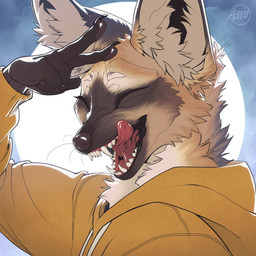 abstract_background ambiguous_gender anthro brown_markings brown_nose cheek_tuft clothed clothing eyes_closed facial_tuft fangs fur hoodie inner_ear_fluff licking licking_lips licking_own_lips markings neck_tuft open_mouth open_smile red_tongue smile solo tan_body tan_fur tan_inner_ear_fluff teeth tongue tongue_out topwear tuft whiskers yellow_clothing yellow_hoodie yellow_topwear azuza bat-eared_fox canid canine fox mammal 1:1 2024 bust_portrait dated hi_res icon portrait