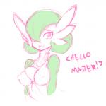 1:1 breasts dialogue english_text female gardevoir generation_3_pokemon green_body looking_at_viewer mammal multicolored_body nintendo nipples not_furry pokemon pokemon_(species) simple_background slugbox solo text two_tone_body white_background white_body