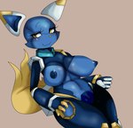 anthro blue_body blue_nipples blush breasts clothed clothing female genitals half-closed_eyes humanoid_genitalia looking_away machine mascot narrowed_eyes nipples pussy simple_background smile solo yellow_eyes yellow_nose san_ruishin third-party_edit e621 esix android canid canine domestic_cat felid feline felis fox mammal robot hi_res