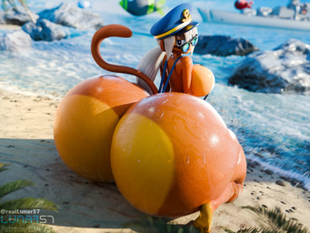 anthro beach big_butt blue_eyes bottom_heavy breasts brown_body brown_fur bubble_butt butt butt_focus clothing dutch_angle eyewear feet female fur glistening glistening_body glistening_breasts glistening_butt hair hat headgear headwear huge_butt hyper hyper_butt kneeling looking_at_viewer looking_back looking_back_at_viewer one-piece_swimsuit peaked_cap ponytail sea sling_bikini solo sunglasses swimwear tail water wet wet_body white_hair lunar57 bloons_tower_defense ninja_kiwi admiral_brickell bfb_(bloons) zomg_(bloons) haplorhine mammal monkey primate 3d_(artwork) 4:3 absurd_res digital_media_(artwork) hi_res