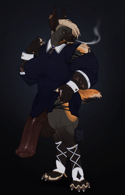 animal_genitalia animal_penis anthro big_breasts big_penis blue_clothing blue_eyes blue_topwear bottomless breasts brown_pawpads brown_penis cigar cigar_in_mouth clothed clothing ear_piercing ear_ring equine_genitalia equine_penis fur genitals glistening glistening_eyes glistening_genitalia glistening_penis grey_body grey_fur gynomorph gynomorph_anthro hair huge_breasts huge_penis hyper hyper_genitalia hyper_penis intersex intersex_anthro muscular muscular_anthro muscular_gynomorph muscular_intersex object_in_mouth orange_body orange_fur pawpads penis piercing ring_piercing sidecut smoking solo standing tan_hair topwear riorix canid canine mammal 2024 dated hi_res