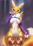 2017 anthro armwear bandai_namco belly black_nose black_sclera blue_eyes bottomless breasts bridal_gauntlets butt butt_from_the_front canid canine claws clothed clothing clothing_lift curvy_figure digimon digimon_(species) digital_media_(artwork) dipstick_tail doomthewolf facial_markings featureless_breasts featureless_crotch female front_view fur head_markings hi_res mammal markings multicolored_tail navel neck_tuft patreon patreon_logo question_mark renamon shirt shirt_lift small_waist solo standing tail tail_markings tattoo text thick_thighs thigh_gap topwear tuft url voluptuous white_belly white_body white_fur wide_hips yellow_body yellow_fur