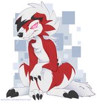 anthro black_claws black_markings black_nose claws eyebrows fur hair male markings pink_eyes red_body red_fur sharp_teeth sitting solo teeth toe_claws white_body white_fur applepup nintendo pokemon canid canine generation_7_pokemon lycanroc mammal midnight_lycanroc pokemon_(species) 2016 hi_res signature