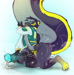 animal_genitalia animal_penis anthro balls big_balls big_penis big_tail black_sclera blue_eyes bodily_fluids bottomless bottomless_anthro bottomless_male cardigan clothed clothing colored_claws equine_genitalia equine_penis femboy fluffy fluffy_tail genital_fluids genitals huge_balls huge_penis hyper hyper_balls hyper_genitalia hyper_penis male musk penis precum pubes smile smiling_at_viewer smirk smirking_at_viewer solo sweat sweatdrop tail neroconiglio nova_(meganovav1) mammal mephitid skunk hi_res