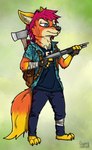 anthro axe backpack blue_eyes fur gun hair male orange_body orange_fur pink_hair ranged_weapon scar solo weapon yellow_body yellow_fur ziegelzeig bad_guy_cafe fire_(firefox) canid canine fox mammal 2023