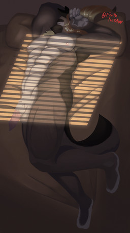 abs animal_genitalia anthro arms_above_head balls bed bedding biceps blinds brown_body brown_fur butt canine_genitalia erection fur furniture genitals hair hands_behind_head long_hair male muscular muscular_anthro muscular_male nipples nude pecs penis pillow pubes sheath sleeping solo tail window_light nestor_forth wuffy_(nestor_forth) canid canine canis mammal wolf absurd_res hi_res