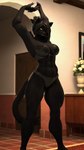 abs anthro big_breasts black_body black_bra black_clothing black_fur black_hair black_panties black_underwear bra breasts cleavage clothed clothing female fur hair hair_over_eye inside looking_at_viewer melanistic muscular muscular_anthro muscular_female one_eye_obstructed panties solo standing stretching thick_thighs underwear underwear_only vase yellow_eyes conditional_dnp domibun mimi_(domibun) felid feline mammal pantherine 2023 3d_(artwork) 4k 9:16 absurd_res digital_media_(artwork) hi_res source_filmmaker_(artwork)