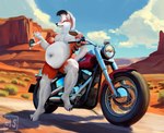 anthro belly big_belly desert fur hair male motorcycle red_body red_fur solo vehicle vore white_body white_fur white_hair ainys nintendo pokemon generation_7_pokemon lycanroc midnight_lycanroc pokemon_(species) hi_res